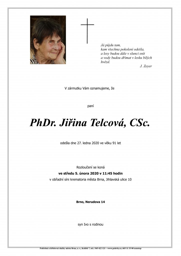 Zemřela PhDr. Jiřina Telcová, CSc.